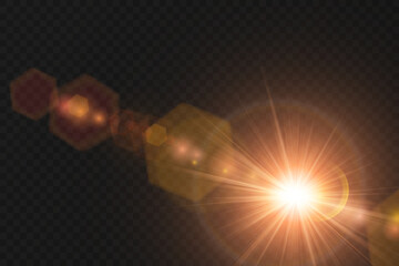 Wall Mural - Golden flare light glistens smoothly on transparent PNG layer. Star light shines in perfect circular sparkle motion. Sun flush fades softly with warm yellow tones. Glowing light overlays