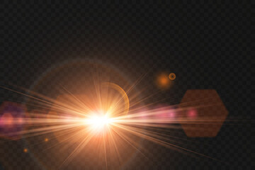 Wall Mural - Glowing gold light flash radiates from sun-inspired core. Sunbeam transitions ripple outward with delicate lens blur. Starburst sparkle combines elegance with cosmic brightness.