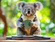 © Image Tree - An adorable koala bear sits at a wooden table and holds a plate while several stacks of plates surround its feet.