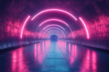 Poster - Futuristic Tunnel with Neon Lights in a 3D Rendered Illustration