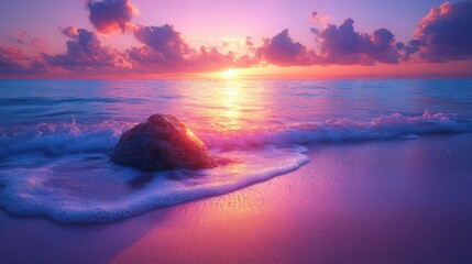 Poster - serene beach landscape at sunset,gentle waves,a solitary rock illuminated by vibrant hues in the sky generative ai,stock image