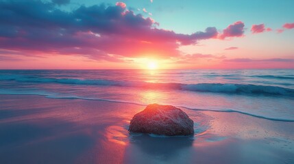 Poster - serene beach landscape at sunset,gentle waves,a solitary rock illuminated by vibrant hues in the sky generative ai,stock photo