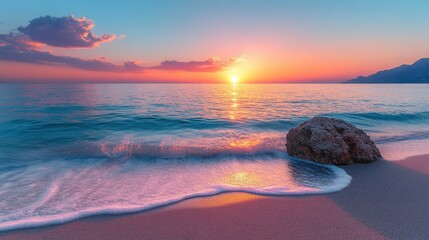 Poster - serene beach landscape at sunset,gentle waves,a solitary rock illuminated by vibrant hues in the sky generative ai,photo stock