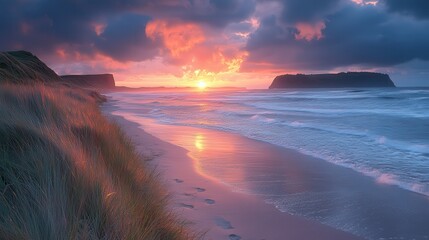 Poster - serene coastal sunset,dramatic clouds,stock photo