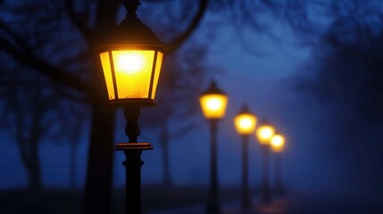 Wall Mural - street lamps illuminate a foggy evening, creating a warm glow amidst the blue haze
