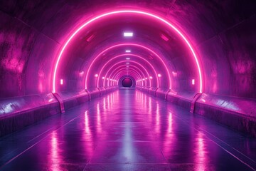 Aufkleber - Futuristic Neon Tunnel Corridor with Glossy Floor and Symmetrical Design