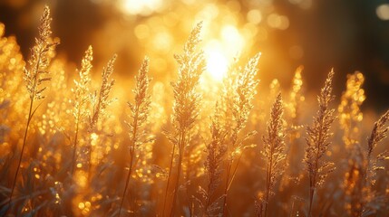 Leinwandbilder - soft focus photograph of tall grass,warm sunlight illuminating a misty background during early morning hours,photo stock