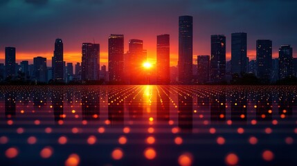 Poster - solar energy in an urban environment at sunset,modern buildings,photo stock