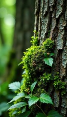 Wall Mural - foliage with moss and lichen on a weathered tree trunk, foliage, lichen