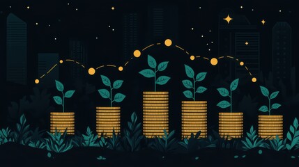 Poster - stacks of gold coins grow,small plants growing out of graph of increasing values overlays image eco friendly investment concept sustainable financial growth renewable energy opportunities