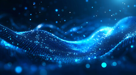 Wall Mural - Abstract blue background with digital waves and glowing dots