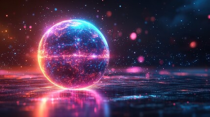 Poster - stylized globe illuminated,neon lights digital energy streams,particles orbit this vibrant earth against a dark backdrop,stock image