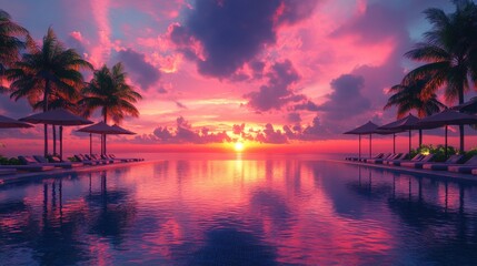 Poster - sunset tourism landscape luxurious beach resort,swimming pool reflection beach chairs or loungers under umbrellas,palm trees sunset sky summer travel,romantic vacation ba generative ai