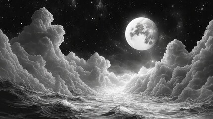 Aufkleber - surreal celestial scene featuring twin moons a starry sky rolling clouds,distant mountains sketch engraving generative ai illustration scratch board imitation black,white image,stock image