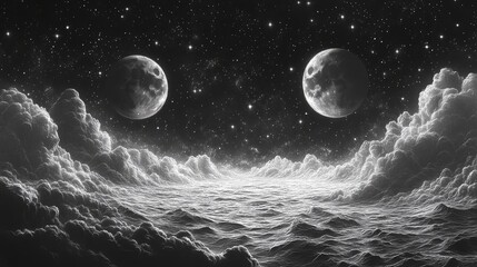 Aufkleber - surreal celestial scene featuring twin moons a starry sky rolling clouds,distant mountains sketch engraving generative ai illustration scratch board imitation black,white image,photo stock