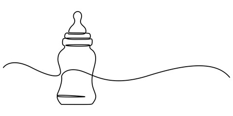 Fototapete - Continuous one line drawing of baby feeding bottle. Baby drink bottle with love outline vector illustration. Editable stroke, Continuous editable line drawing of baby bottle. Baby milk bottle icon in.