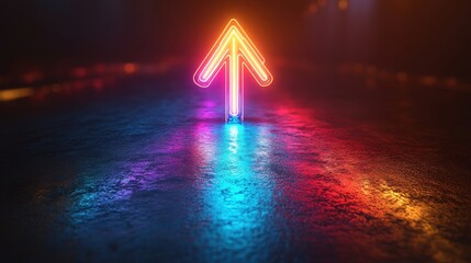 Aufkleber - vibrant neon arrow pointing upwards on a black background emitting colorful light trails below a glowing symbol of growth,direction casting a reflection on a dark surface