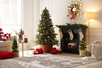 Poster - Cozy spacious room decorated for Christmas. Festive interior design