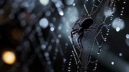 Spider weaving its intricate web adorned with delicate water droplets