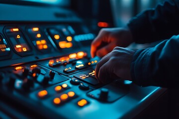 Wall Mural - Hands skillfully operate a complex, illuminated control panel in a dimly lit technological environment.