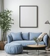 © video - Minimalistic Living Room Mockup Poster Frame in Scandinavian Interior with Pastel Blue Furniture and Natural Light