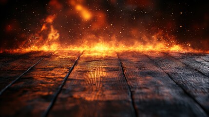 Poster - wooden table,fire burning at the edge of the table fire particles sparks,smoke in the air,fire flames on a dark background to display products,spicy foods,stock photo
