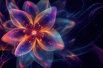 Wall Mural - A glowing, abstract flower pattern with neon colors and soft, fluid lines against a dark background.
