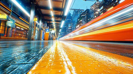 Wall Mural - Subway platform with visible motion streak of lights from overhead train, urban depth of field, long corridor perspective, futuristic textures