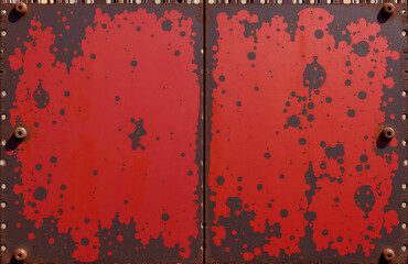 a rusted metal surface with a vibrant abstract red pattern overlaid in the foreground adds depth and