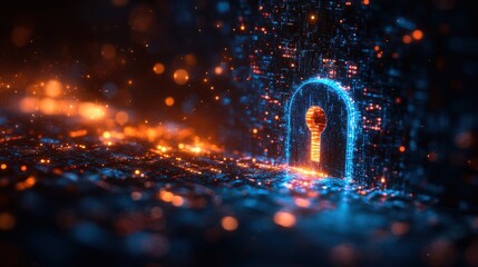 Abstract Digital Keyhole Cybersecurity Concept glowing particles network security data protection
