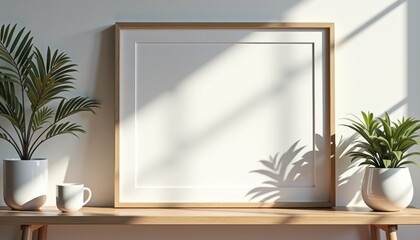 Poster - Minimalist empty frame with plants on a wooden table  
