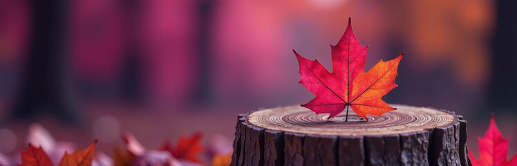 Wall Mural - Magenta And Purple Tones Evoke A Sense Of Autumn Dryness With Vibrant Fallen Leaves On A Tree Stump In Colorful Backgrounds.