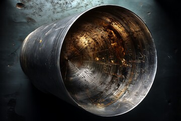 Wall Mural - A mysterious metallic cone reveals a weathered interior with intricate markings, hinting at a forgotten past.