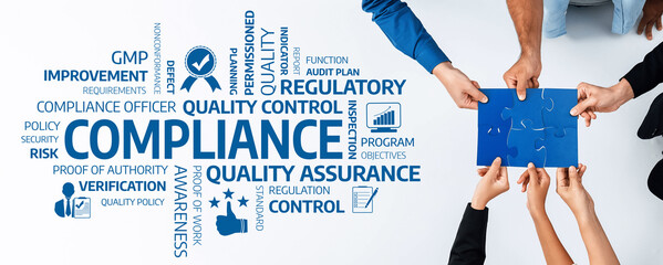 Aufkleber - A collaborative scene showcasing hands working together on compliance and quality control. The image emphasizes teamwork and adherence to regulatory standards in a business context. Amity