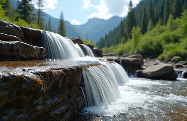 Wall Mural - Scenic view of waterfall cascading over stone steps. River flows through mountains, summer day. Green forest surrounds clear water, creating tranquil environment. Nature landscape, perfect for