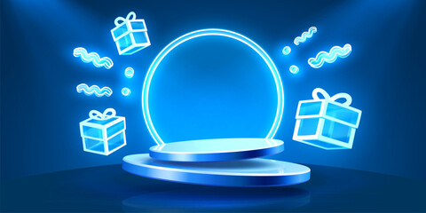 Wall Mural - gift scene mega sale, shopping podium banner, neon night pedestal. vector