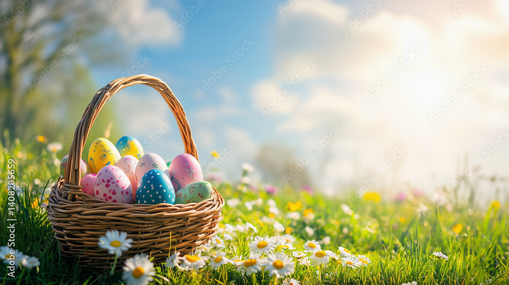Colorful Easter eggs in a basket on spring grass with blooming daisies ...