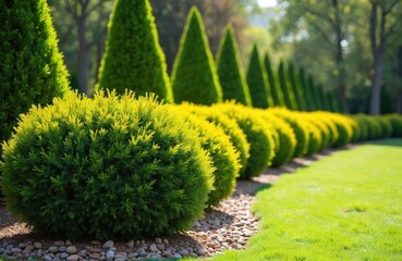 green spring plants, bushes, trimmed shrubs form a natural stone-mulched border in park. green grass