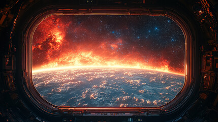 Wall Mural - view of a planet from an astronaut's window. the planet is surrounded by a fiery orange glow, and th