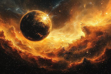 Wall Mural - large orange planet is floating in space with a lot of stars and clouds. the image has a dreamy and 