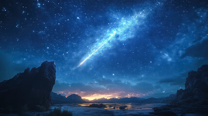 Wall Mural - beautiful night sky with a shooting star and a mountain in the background. the sky is filled with st