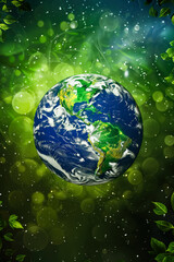 Wall Mural - green planet with a blue sky and a green leafy background. the planet is surrounded by a blurry back