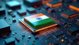 Illustration computer chip featuring India flag. Microchip India advancements in tech, innovation, digital progress. Integrated circuit board design. Modern computing technology, connectivity, high