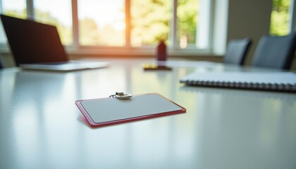 Aufkleber - Business meeting setup with name tag on white table  