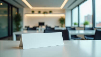 Poster - Blank nameplate on office desk against modern workspace background  