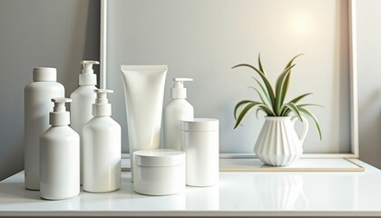 Aufkleber - White skincare products arranged on a clean background  