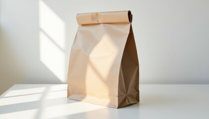 Poster - Brown Paper Bag on White Surface with Natural Lighting  