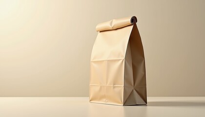 Poster - Empty paper bag standing on a table against a neutral backdrop -  