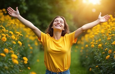 happy woman smiling with arms raised in nature. joyful girl feeling alive, breathing clean air in a 