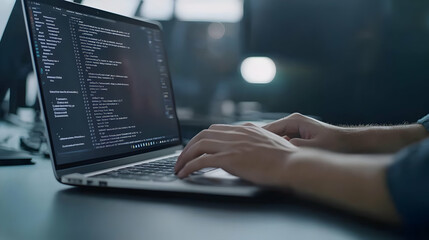 close up of hands typing code on a laptop keyboard in a dark office setting with illuminated screen 